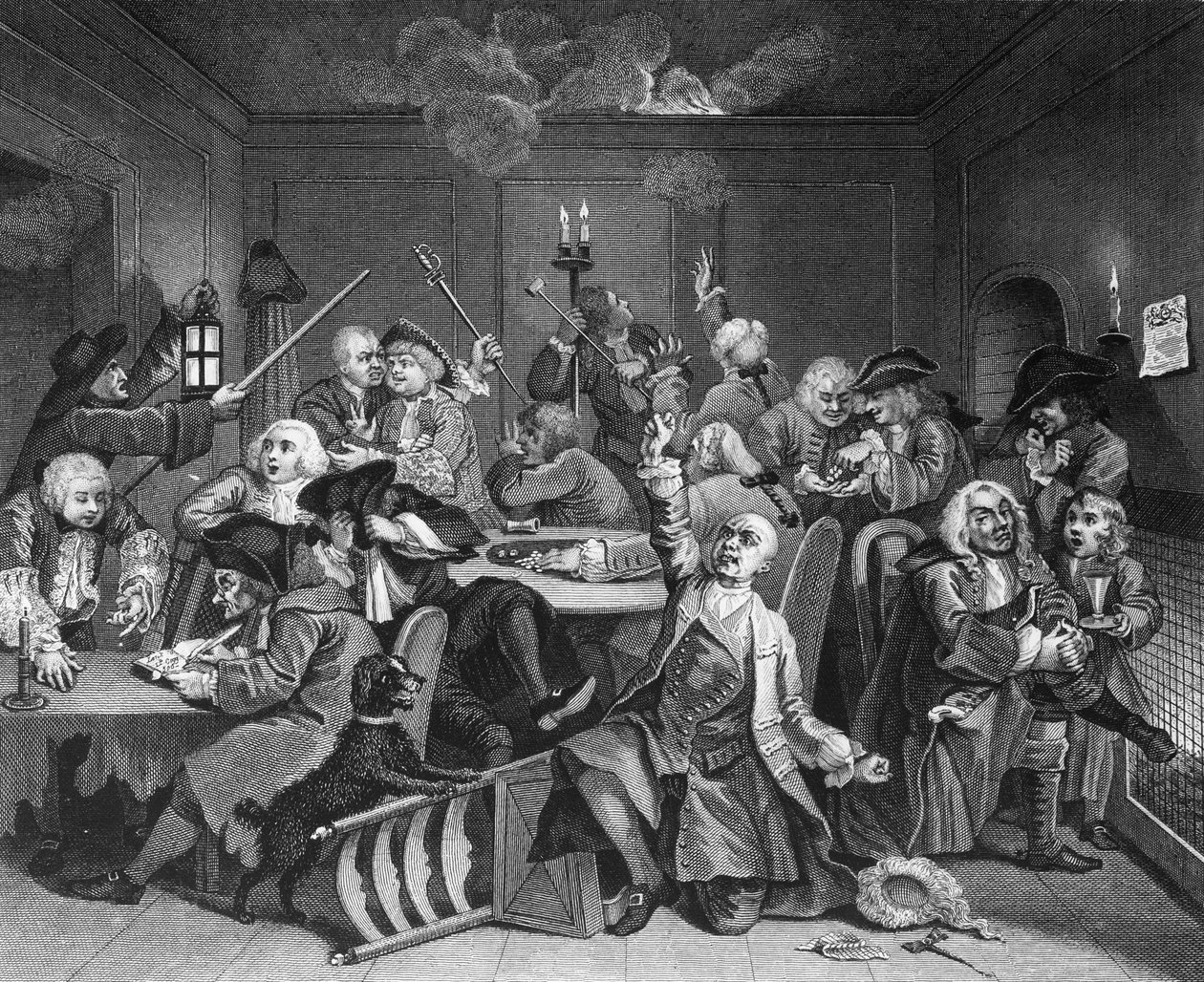 Kohtaus VI: Rake pelitalossa tekijältä William Hogarth