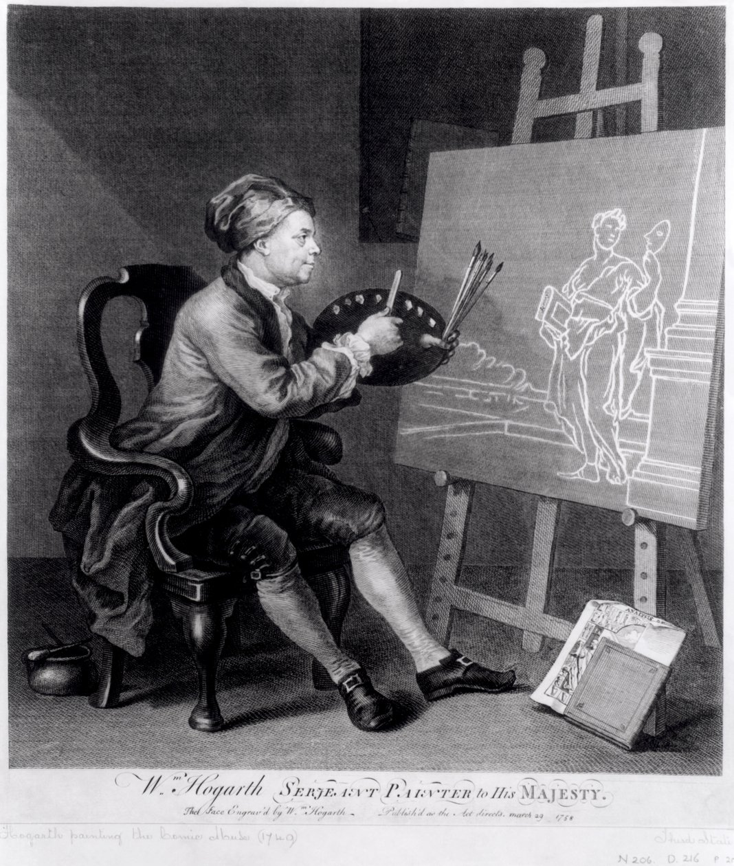 Self Portrait Painting the Comic Muse, taiteilijan kaivertama, pubi. 1758 tekijältä William Hogarth
