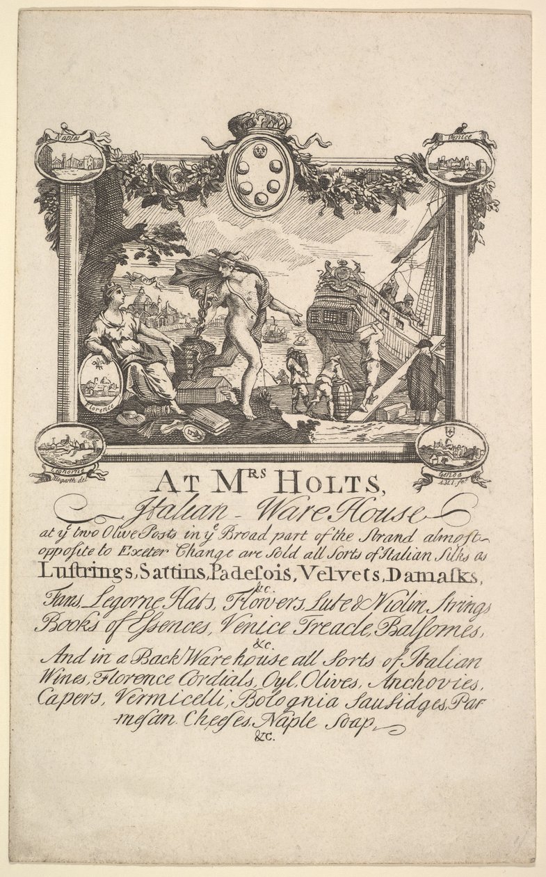 Kauppakortti rouva Holtsin italialaiselle varastolle, 1720-72. tekijältä William Hogarth