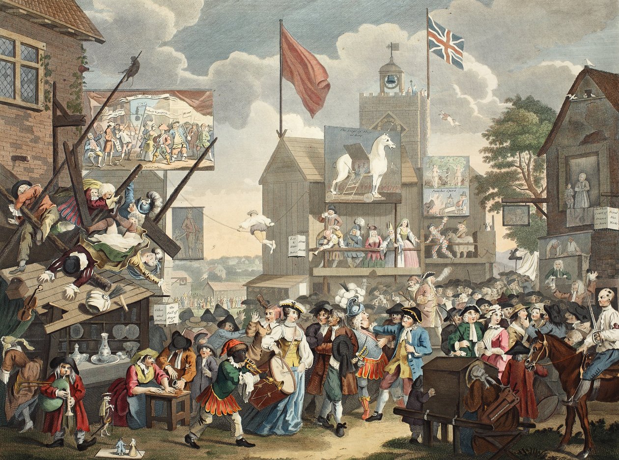 Southwark Fair, 1733, kuva julkaisusta "Hogarth Restored: The Whole Works of kuuluisan William Hogarthin, uudelleenkaiverrettu Thomas Cook", pub. 1812 (käsinvärinen kaiverrus) tekijältä William Hogarth