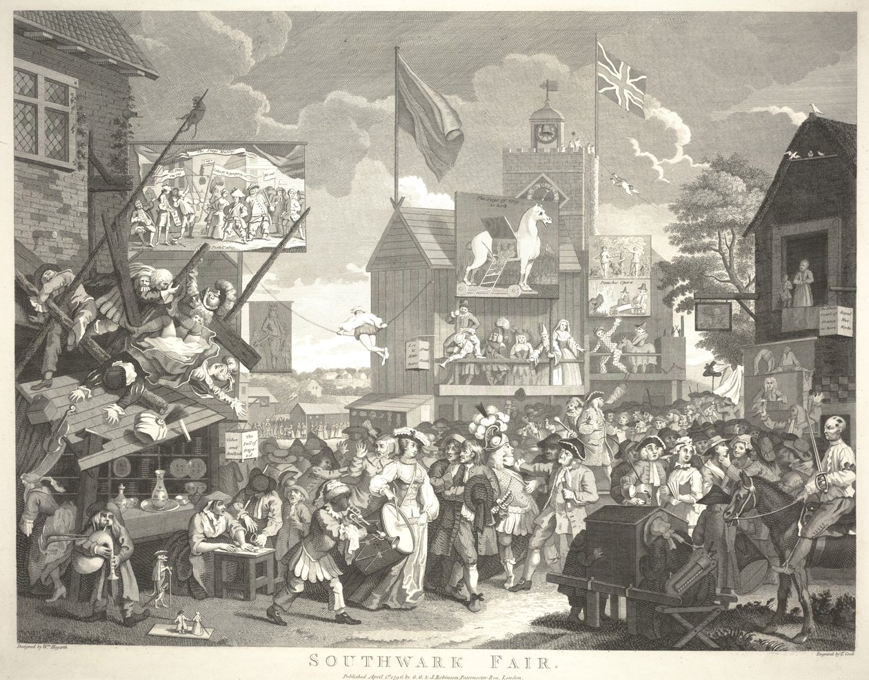 Southwark Fair, kaiverrus Thomas Cook (1744-1818) tekijältä William Hogarth
