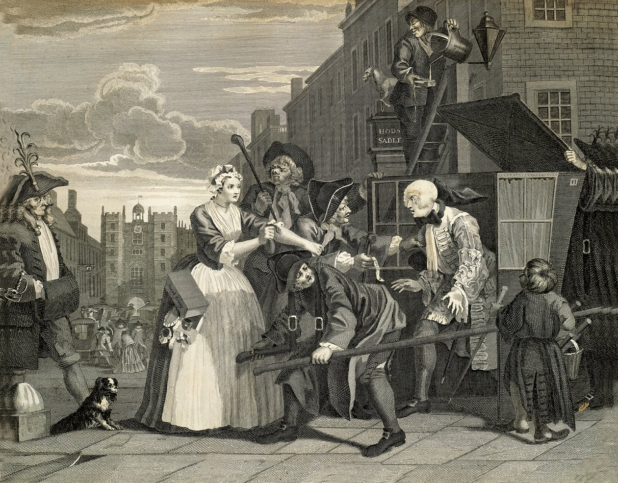 Katukohtauksia Lontoossa, William Hogarth (1697-1764), kaiverrus, Englanti tekijältä William Hogarth