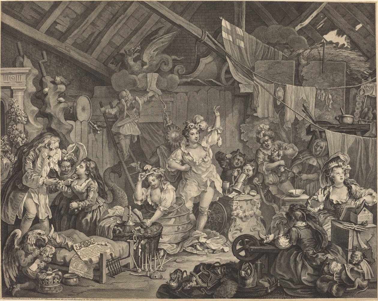 Kiertelevät näyttelijät pukeutumassa navettaan tekijältä William Hogarth