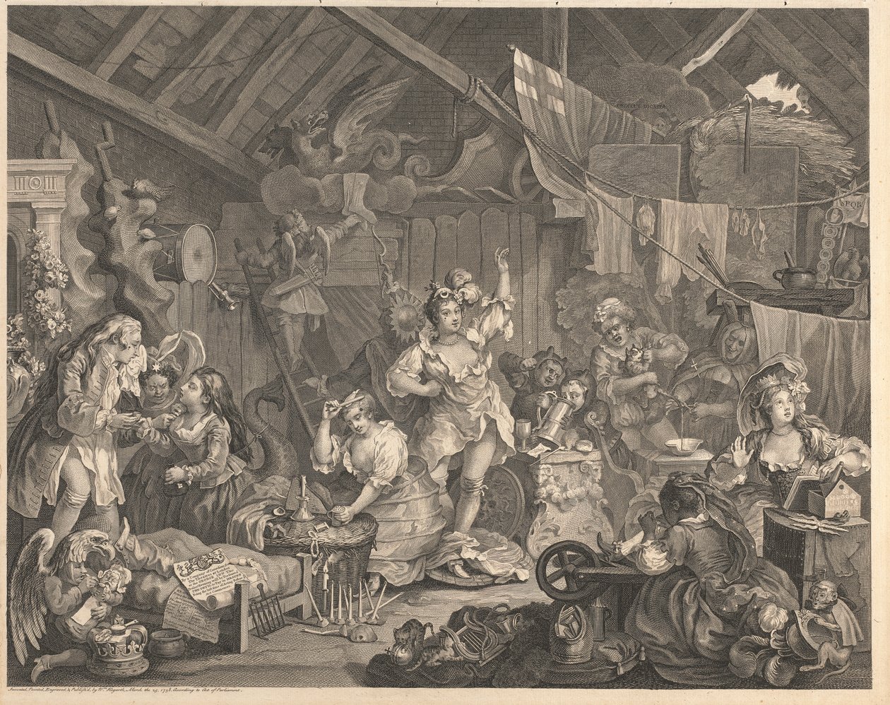 Atrizes que passeavam se vestindo em um Barnfinnish tekijältä William Hogarth