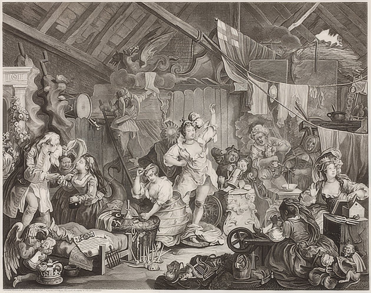 Kiertelevät näyttelijät pukeutumassa navettaan. 1738 tekijältä William Hogarth