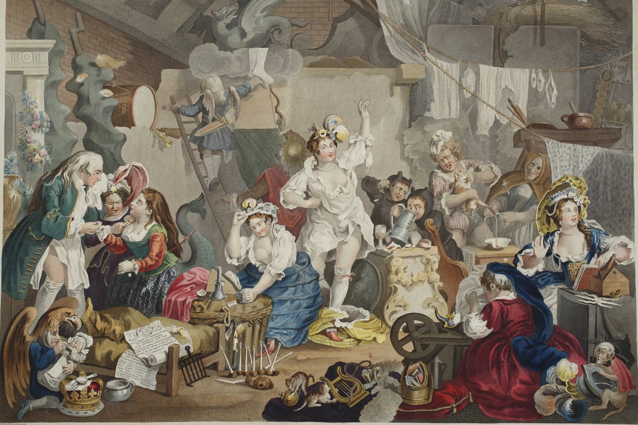 Kiertelevät näyttelijät pukeutumassa navettaan, kuvitus teoksesta "Hogarth Restored: The Whole Works of kuuluisan William Hogarthin, uudelleenkaiverrettu Thomas Cook", pub. 1812 (käsinvärinen kaiverrus) tekijältä William Hogarth