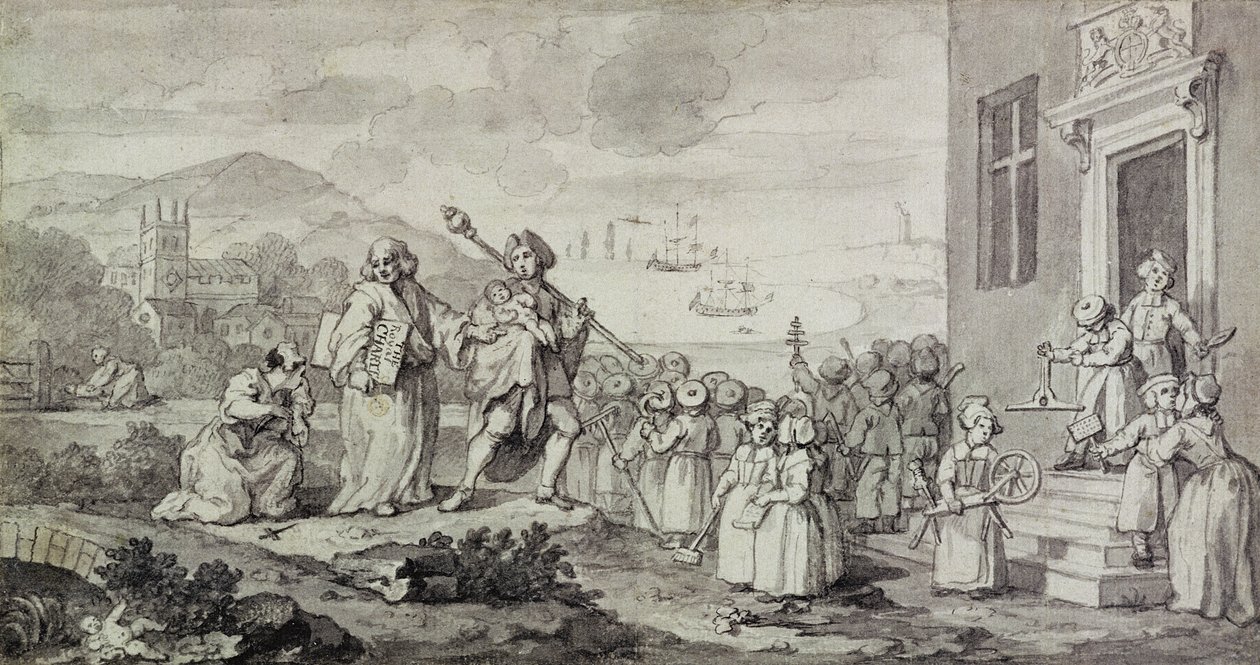 Tutkimus Foundlingsille (kynä, muste ja pesu paperille) tekijältä William Hogarth