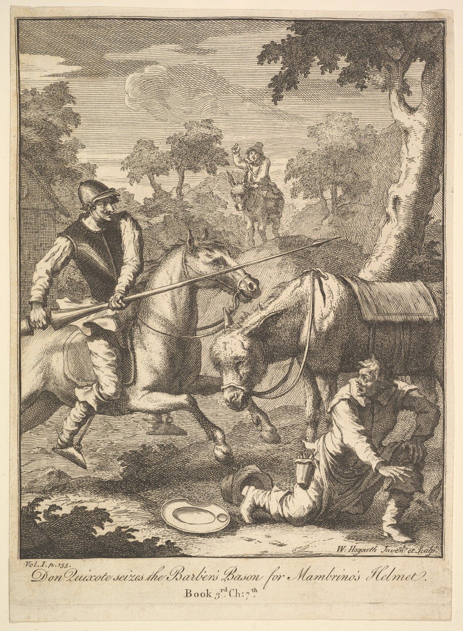 Mambrinosin seikkailu Kypärä Kuusi kuvitusta Don Quijotelle, 1756 tai sen jälkeen. tekijältä William Hogarth