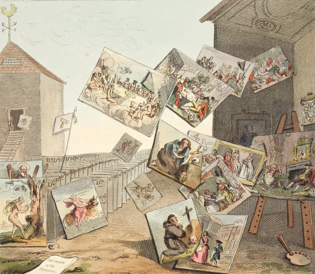The Battle of the Pictures, kuvitus teoksesta "Hogarth Restored: The Whole Works of kuuluisan William Hogarthin, uudelleenkaiverrettu Thomas Cook", pub. 1812 (käsinvärinen kaiverrus) tekijältä William Hogarth