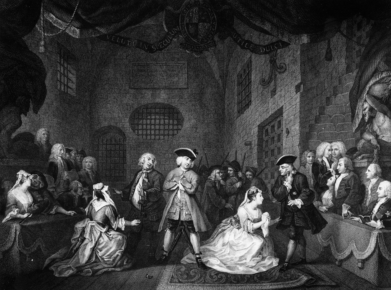 Kerjäläisooppera, kohtaus III, näytös XI, n. 1728 tekijältä William Hogarth