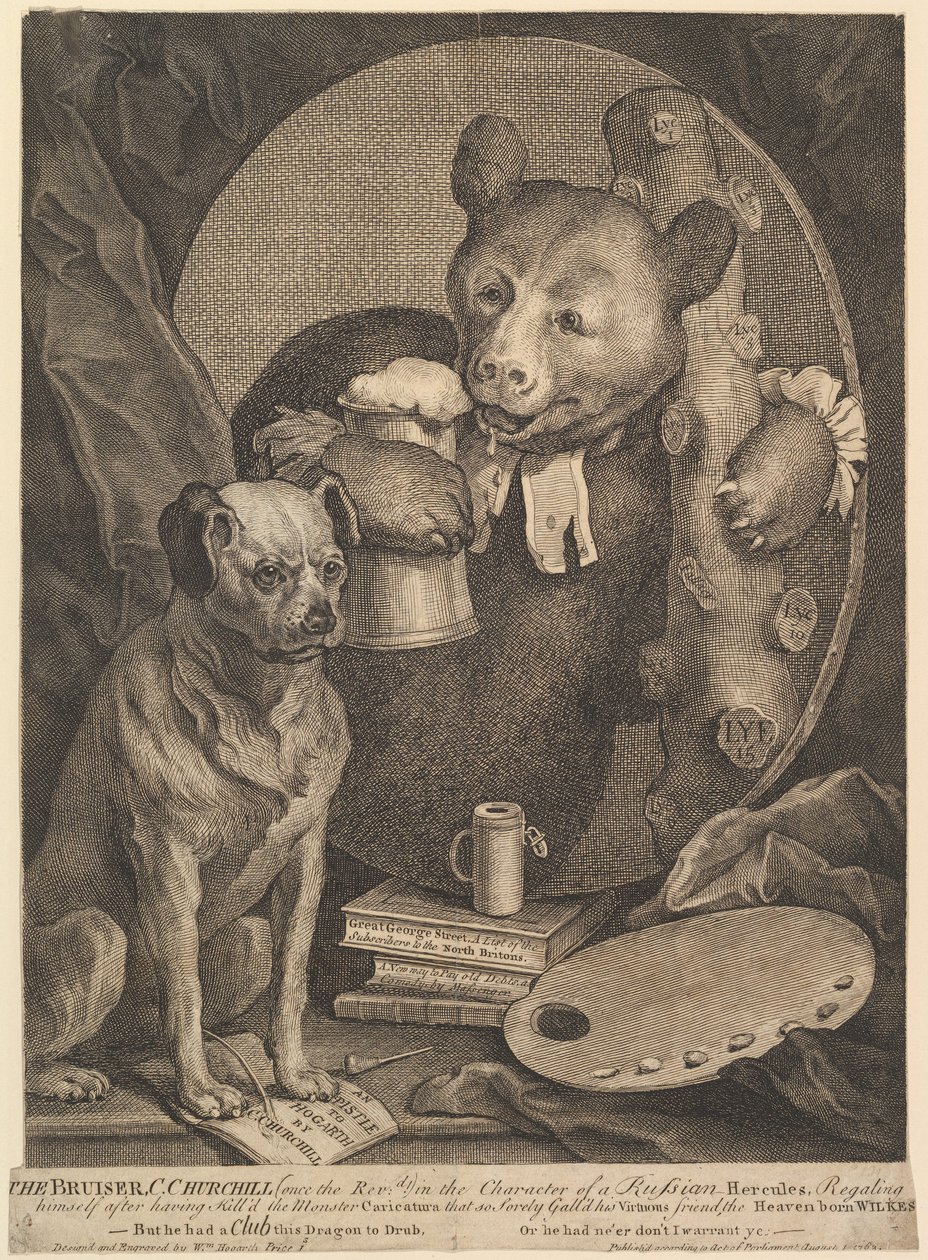 Charles Churchillin karikatyyri Bruiser, 1. elokuuta 1762. tekijältä William Hogarth