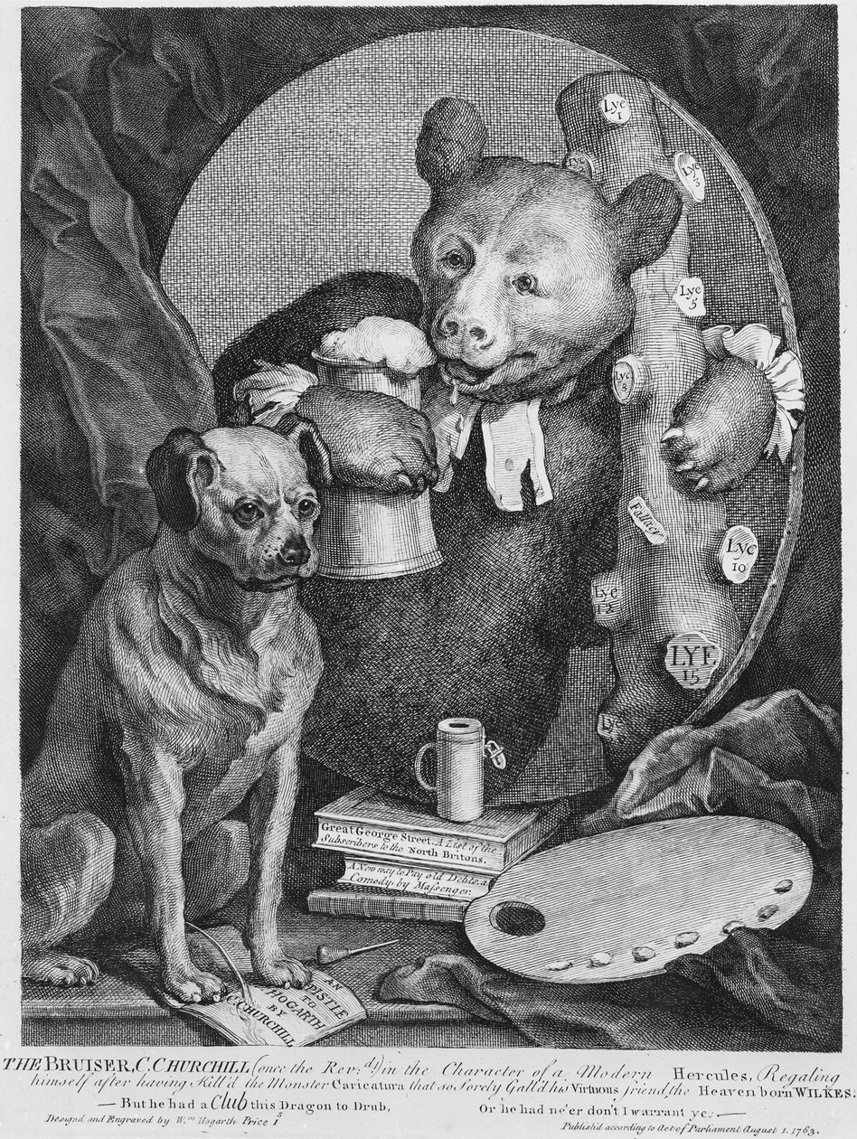 Bruiser Charles Churchill, aikoinaan pastori, venäläisen Herkuleen hahmossa, 1763 tekijältä William Hogarth