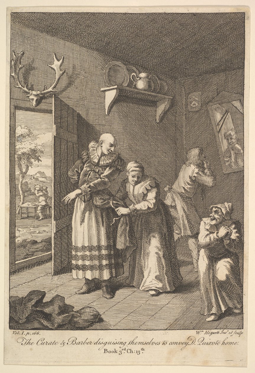 Kuraattori ja parturi naamioituvat välittääkseen Don Quijote Home Six I..., 1756 tai sen jälkeen. tekijältä William Hogarth