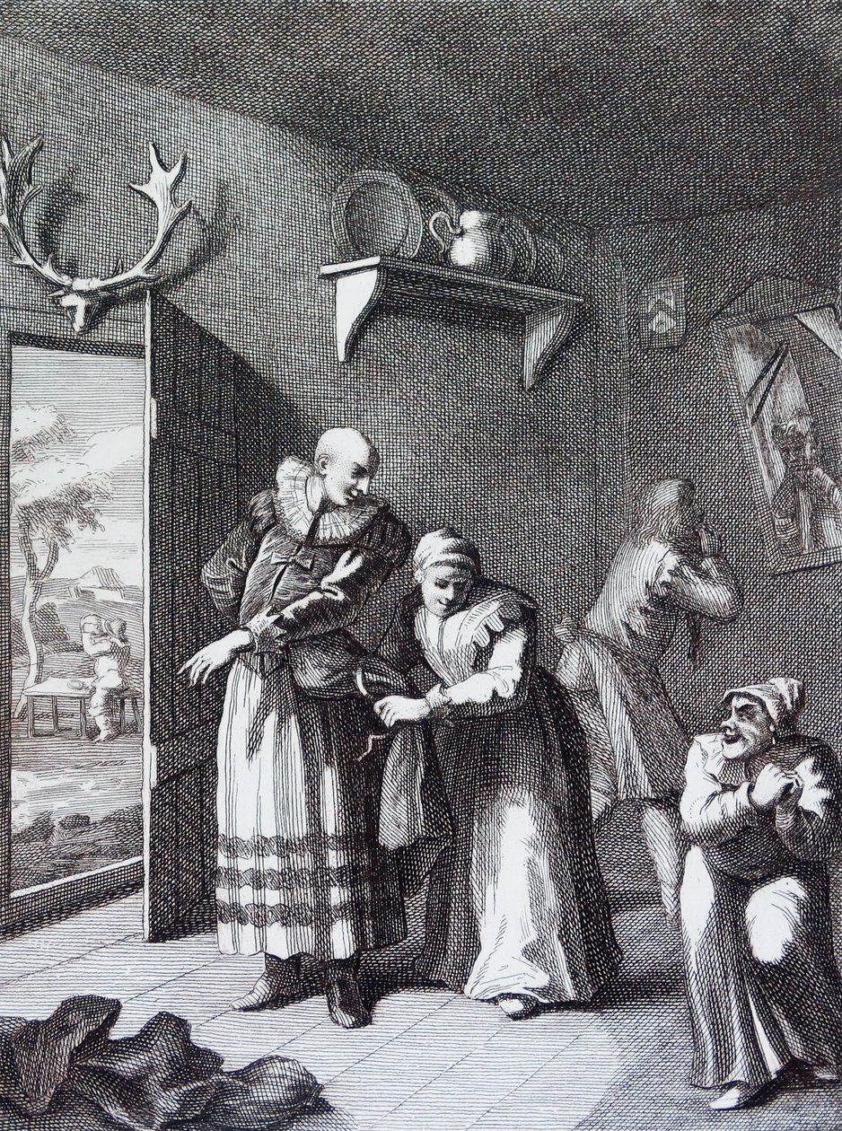 Kuraattori ja parturi naamioituvat välittääkseen Don Quijoten kotiin. Kirjailija: William Hogarth tekijältä William Hogarth