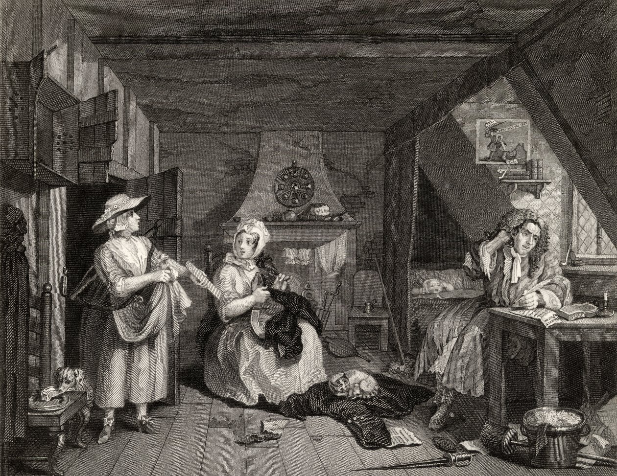 The Distressed Poet, The Works of William Hogarth, julkaistiin 1833 tekijältä William Hogarth