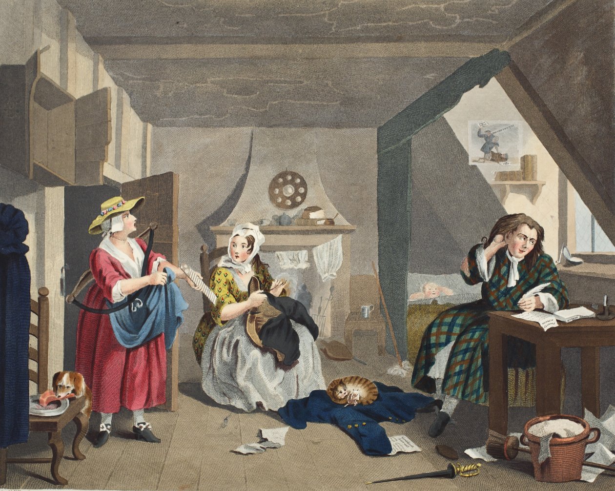 Ahdistunut runoilija, kuvitus teoksesta "Hogarth Restored: The Whole Works of kuuluisan William Hogarthin, uudelleenkaiverrettu Thomas Cook", pub. 1812 (käsinvärinen kaiverrus) tekijältä William Hogarth