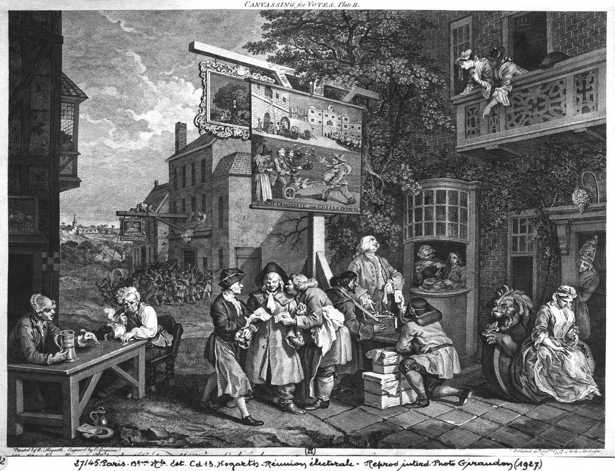 Vaalit II; Canvassing for Votes, kaiverrus Charles Grignion (1717-1810) 1757 (katso myös 1997) tekijältä William Hogarth
