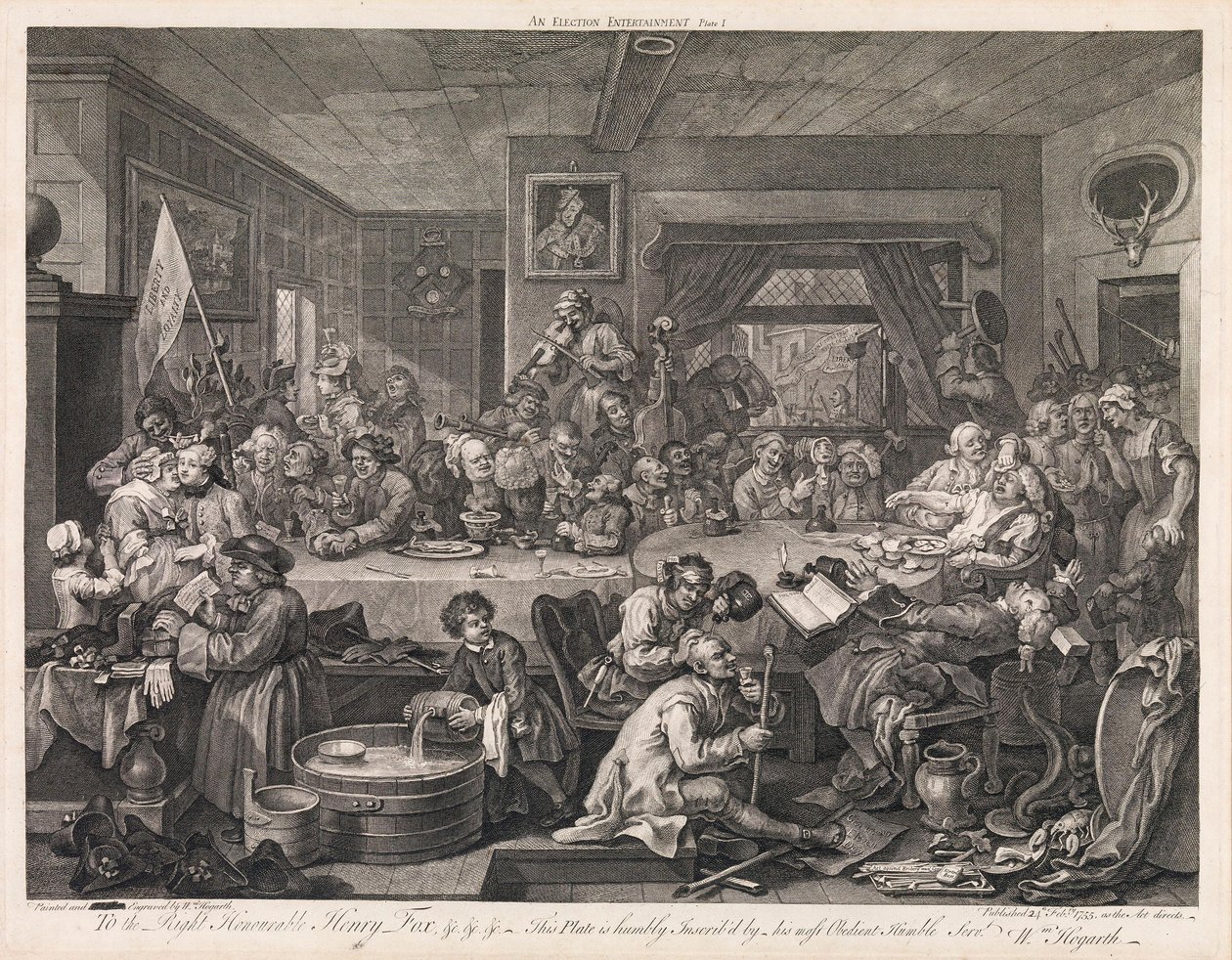 Vaalit, taulu 1: "Vaalikestit" tekijältä William Hogarth