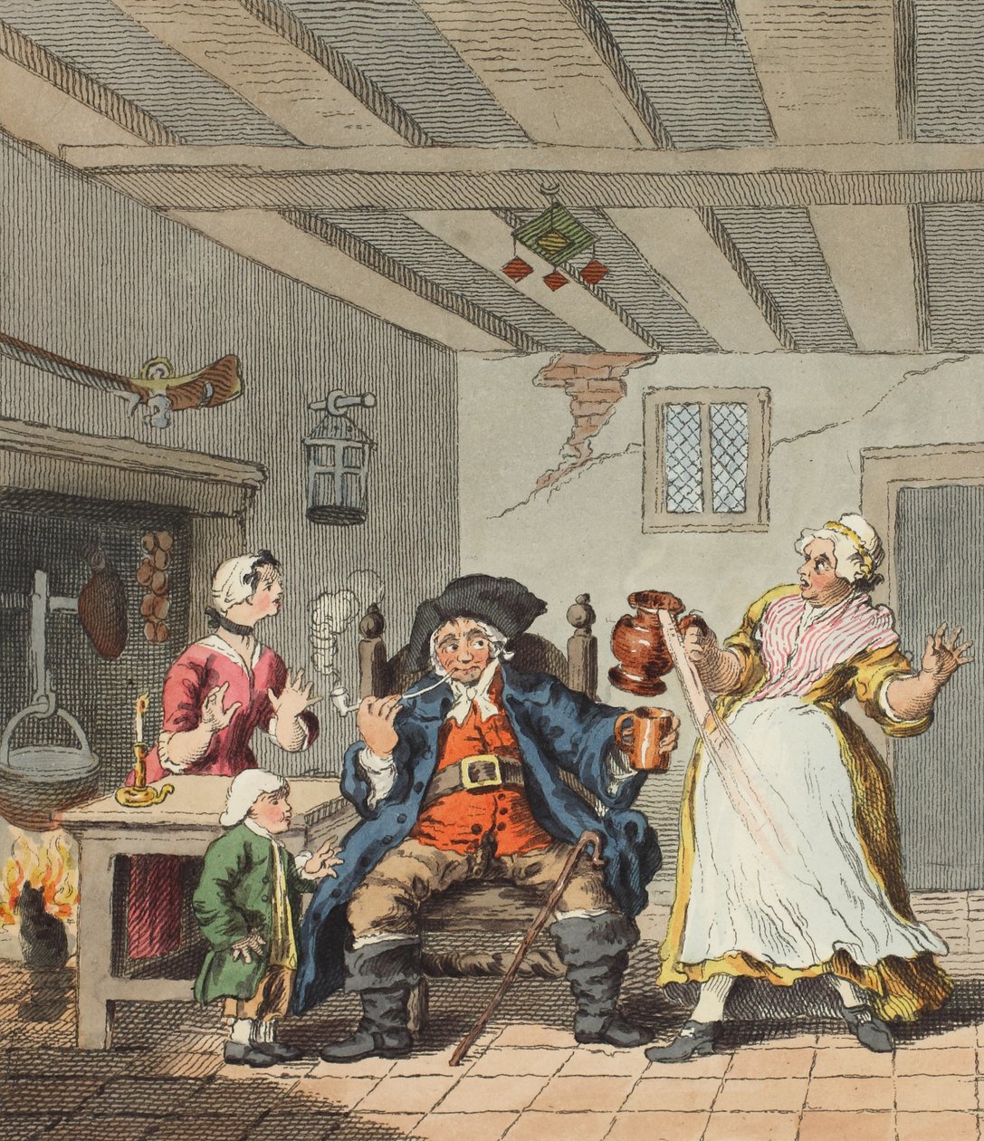 Maanviljelijän paluu, kuvitus teoksesta "Hogarth Restored: The Whole Works of the Familled William Hogarth, re-engraved by Thomas Cook", pub. 1812 (käsin väritetty kaiverrus). tekijältä William Hogarth