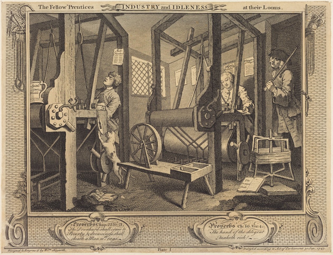Oppipojat kangaspuidensa ääressä tekijältä William Hogarth