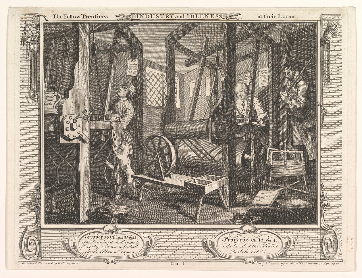 The Fellow Prentices at their Loooms Industry and Idleness, levy 1, 30. syyskuuta 1747. tekijältä William Hogarth