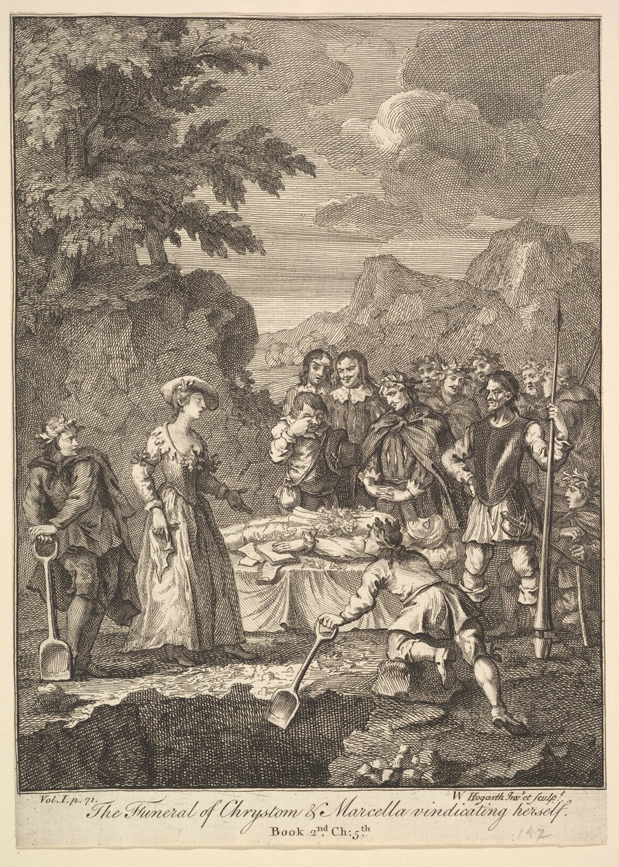 Chrystomin ja Marcellan hautajaiset puolustavat itseään Six Illustrations for Don..., 1756 tai sen jälkeen. tekijältä William Hogarth