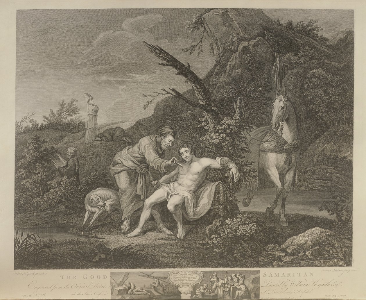 Laupias samarialainen, kaiverrettu J.M. Delatre ja Simon Francis Ravenet, julkaissut John Boydell (1719-1804) 1772. tekijältä William Hogarth