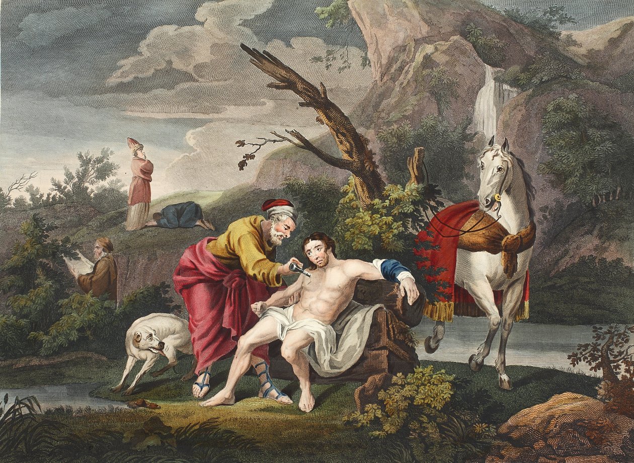 Laupias samarialainen, kuvitus teoksesta "Hogarth Restored: The Whole Works of kuuluisan William Hogarthin, uudelleenkaivertanut Thomas Cook", pub. 1812 (käsinvärinen kaiverrus) tekijältä William Hogarth
