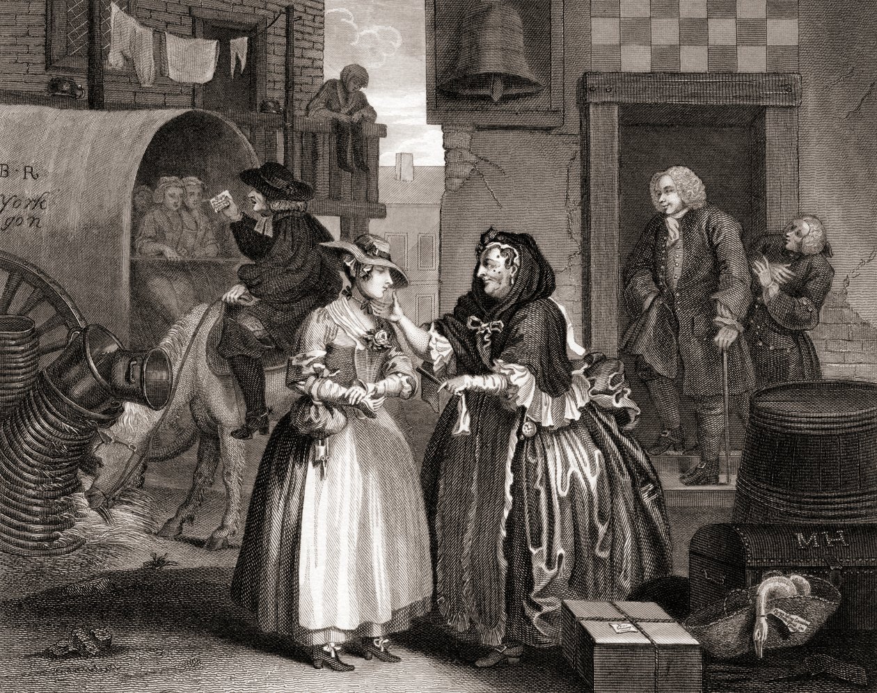 The Harlots Progress orjuuttamana prostituoidun toimesta, teoksesta The Works of Hogarth julkaistu Lontoossa 1833 (kaksoispiirros). tekijältä William Hogarth