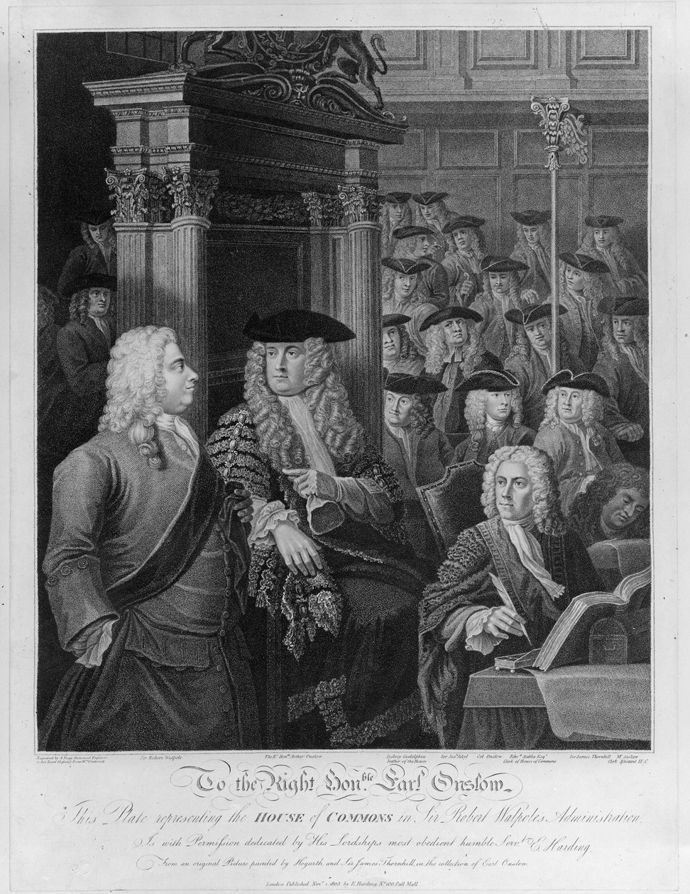 Alahuone Walpolen hallintokaudella, julkaistu 1803. tekijältä William Hogarth