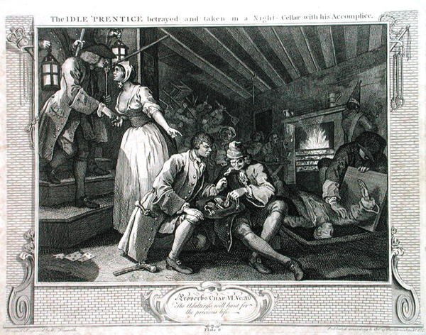 The Idle "Prentice Betrayed by a Prostitute", levy IX julkaisusta "Teollisuus ja tyhjäkäynti", julkaistu 1833 (kaiverrus) tekijältä William Hogarth