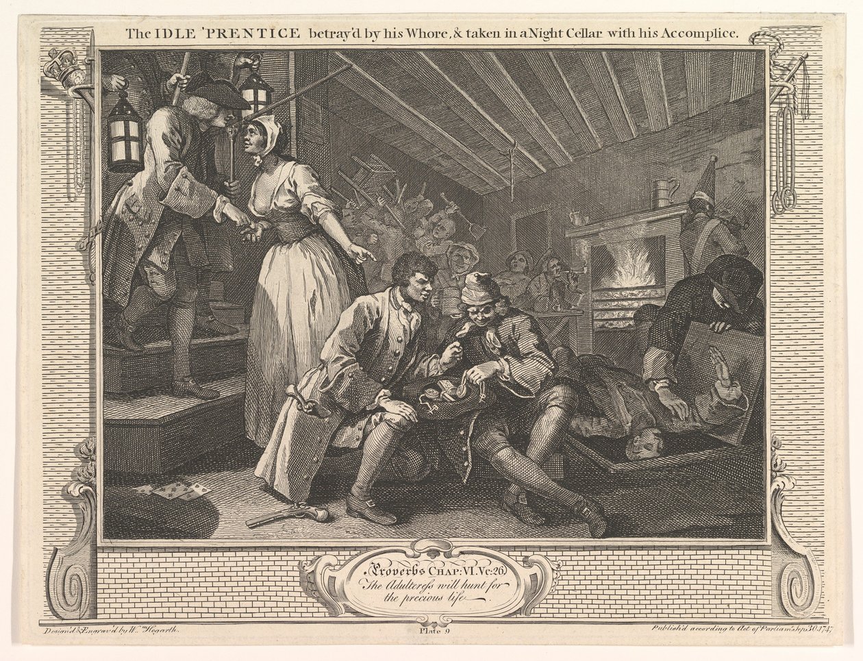 The Idle Prentice, jonka huora petti ja vietiin yökellariin hi...n kanssa, 30. syyskuuta 1747. tekijältä William Hogarth