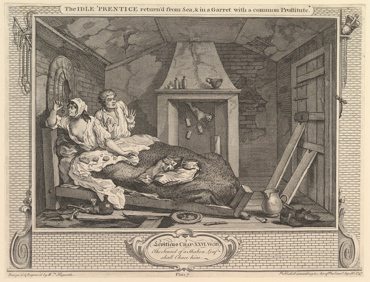 Idle Prentice palasi mereltä ja katossa tavallisen prostitutin kanssa..., 30. syyskuuta 1747. tekijältä William Hogarth