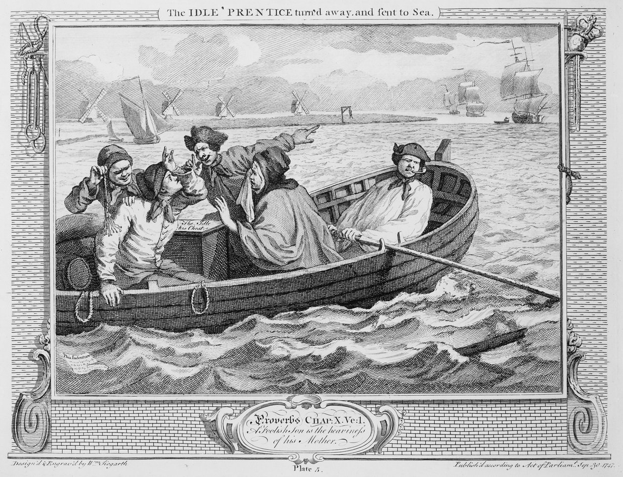 Idle "Prentice kääntyi pois ja lähetettiin merelle", levy V julkaisusta "Teollisuus ja tyhjäkäynti", 1747 tekijältä William Hogarth