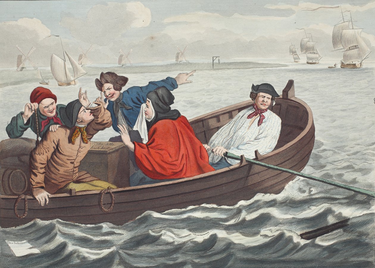 Idle "Prentice kääntyi pois ja lähetettiin merelle", levy V julkaisusta "Industry and Idleness", kuvitus teoksesta "Hogarth Restored: The Whole Works of kuuluisan William Hogarthin", kaivertanut uudelleen Thomas Cook, tekijältä William Hogarth
