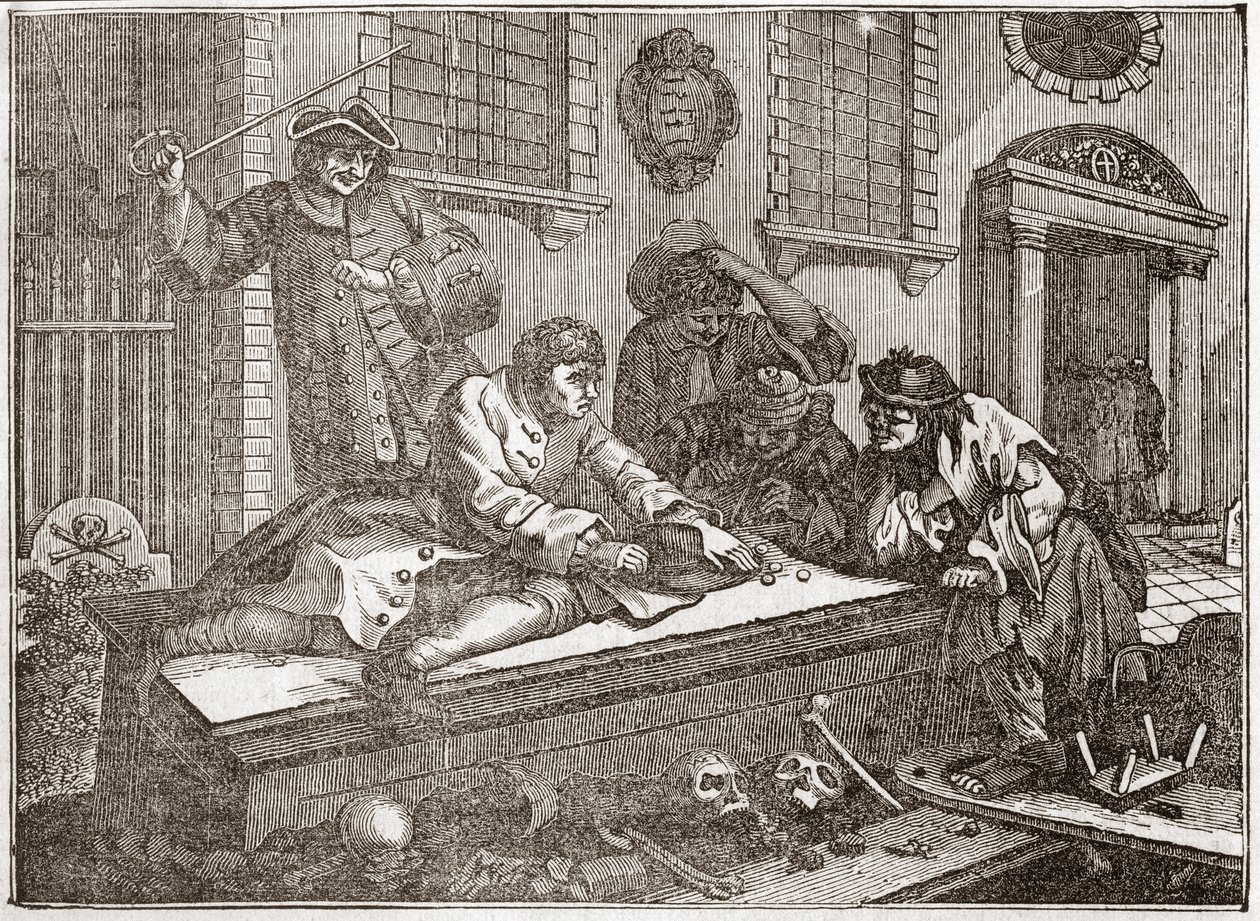 Idle Prerentice leikkimässä kirkon pihalla jumalanpalveluksen aikana - lautanen brittiläisen kuvittajan William Hogarthin (1697-1764) 12 kaiverruksen sarjasta "Teollisuus ja joutilaisuus", "Zele ja laiskuus"", kertomalla kahden a tekijältä William Hogarth