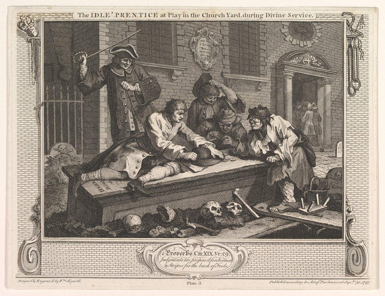 The Idle Prentice at Play in the Church Yard Industry and Idleness, levy 3, 30. syyskuuta 1747. tekijältä William Hogarth