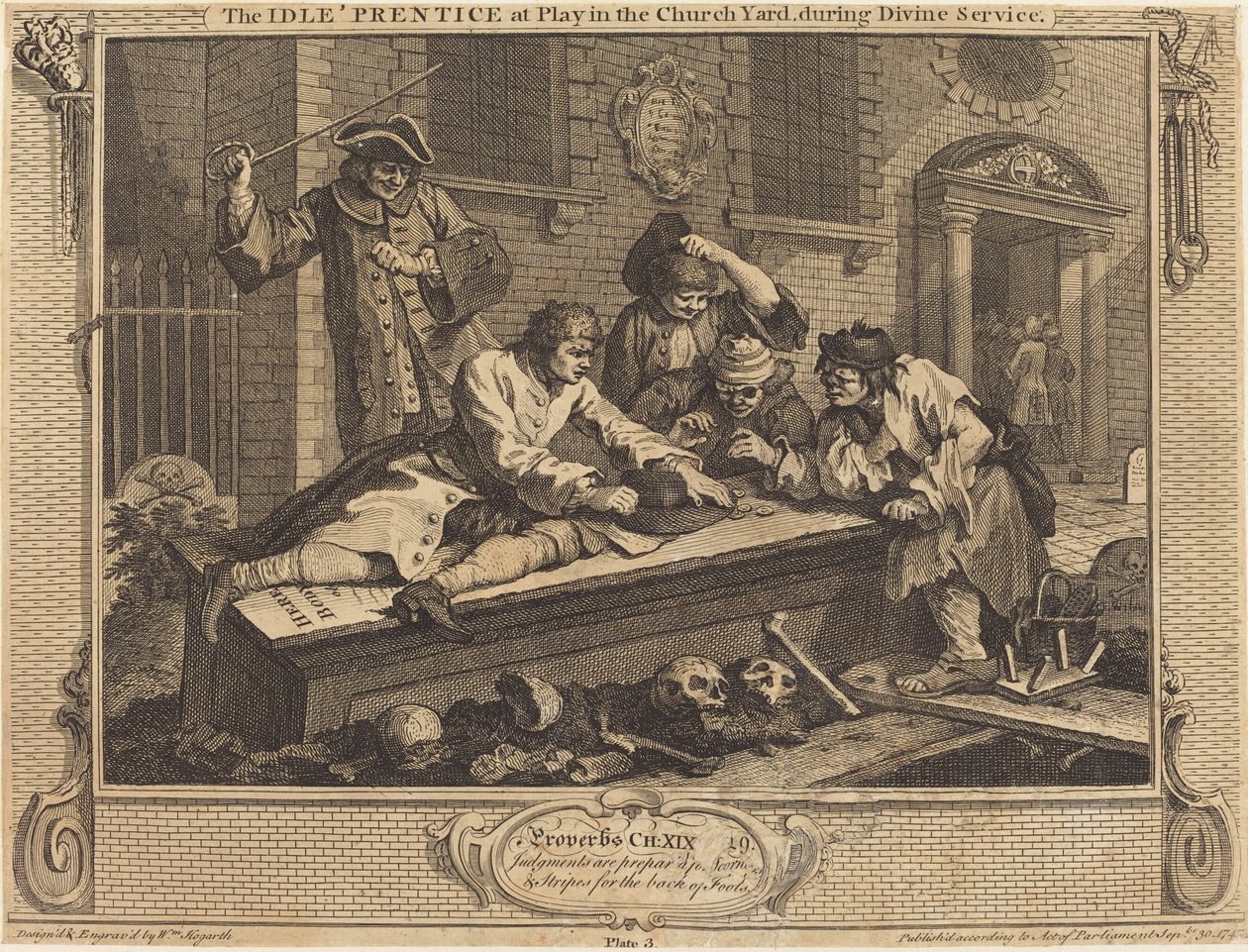 Idle Prerentice leikkimässä kirkon pihalla jumalanpalveluksen aikana tekijältä William Hogarth