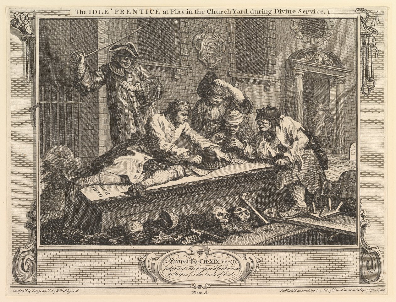 The Idle Prentice at Play in the Churchyard: Industry and Idleness, levy 3, 30. syyskuuta 1747. tekijältä William Hogarth