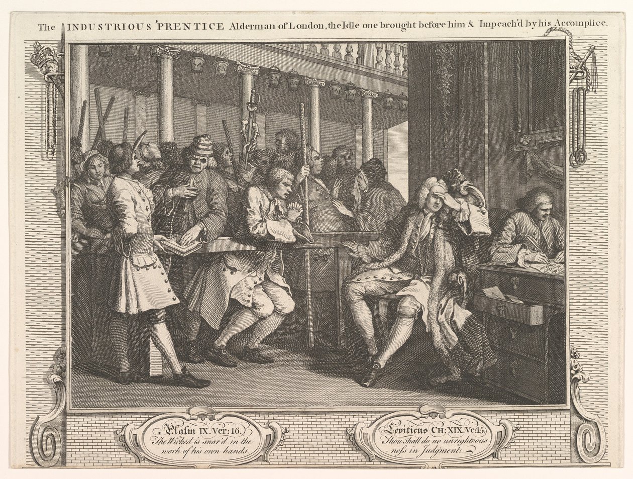 The Industrious Prentice Alderman of London, The Idle One Brought Before Hi..., 30. syyskuuta 1747. tekijältä William Hogarth