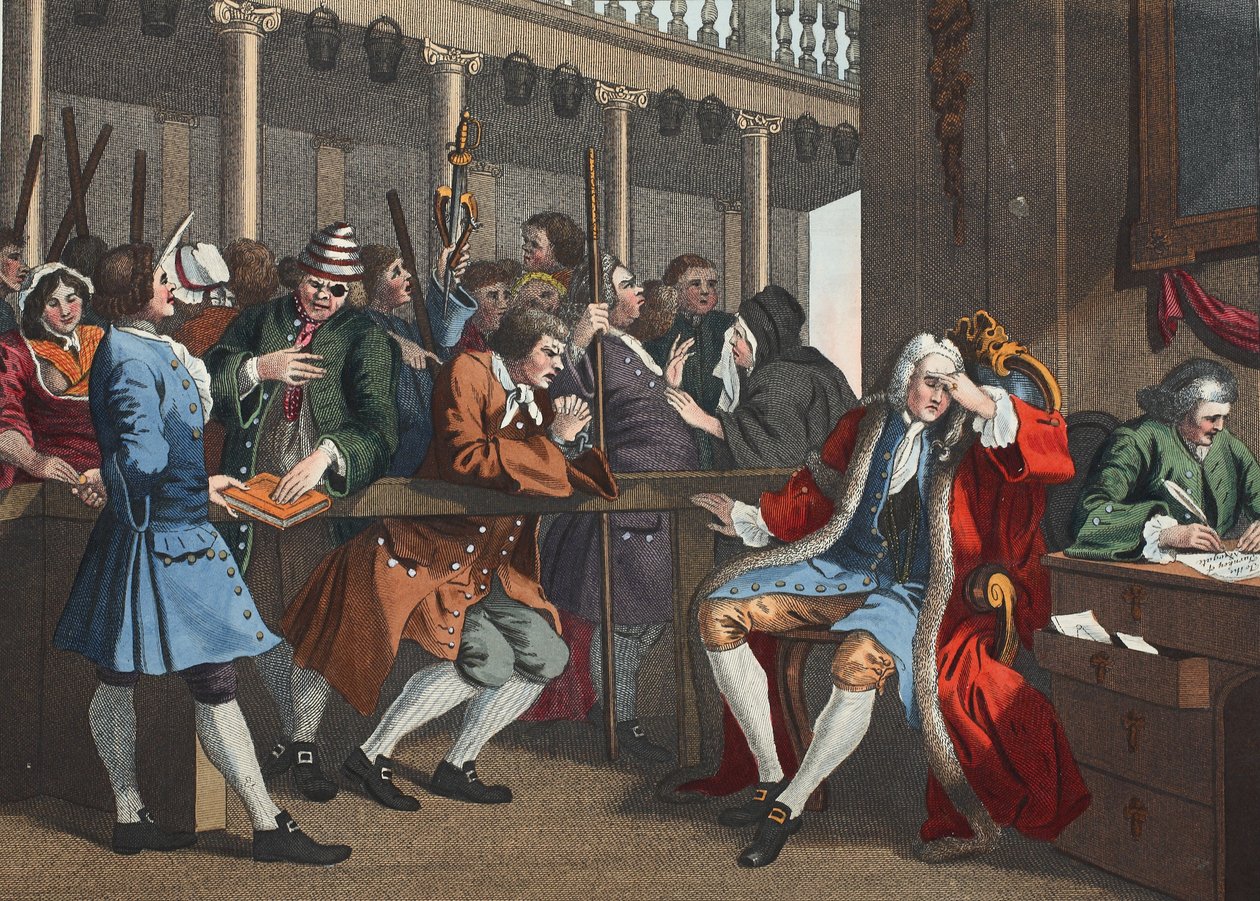 Ahkera Lontoon Prentice Alderman, joutilas, jonka hänen rikoskumppaninsa syytti, levy X teoksesta "Teollisuus ja joutilaisuus, kuvitus teoksesta "Hogarth Restored: The Whole Works of the Celebr" tekijältä William Hogarth