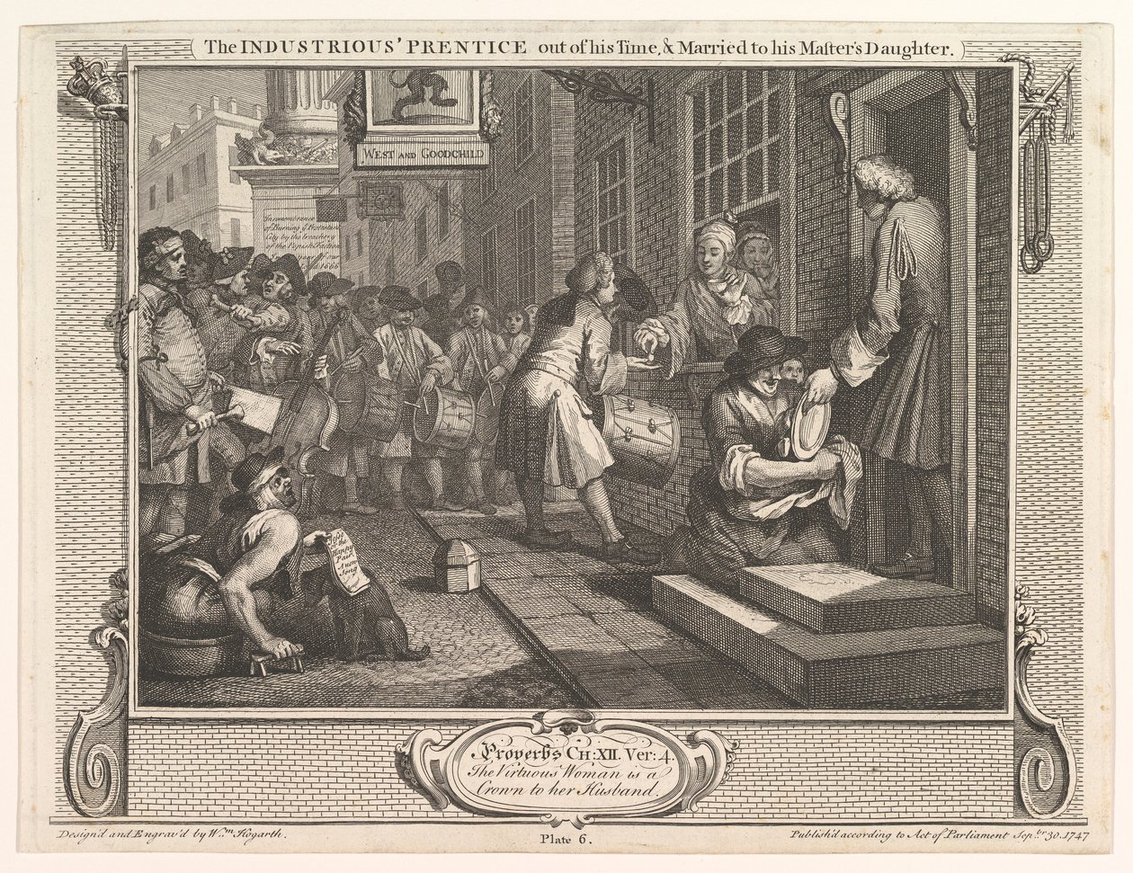 Ahkera Prentice aikansa lopussa ja naimisissa isäntänsä tyttärensä kanssa..., 30. syyskuuta 1747. tekijältä William Hogarth