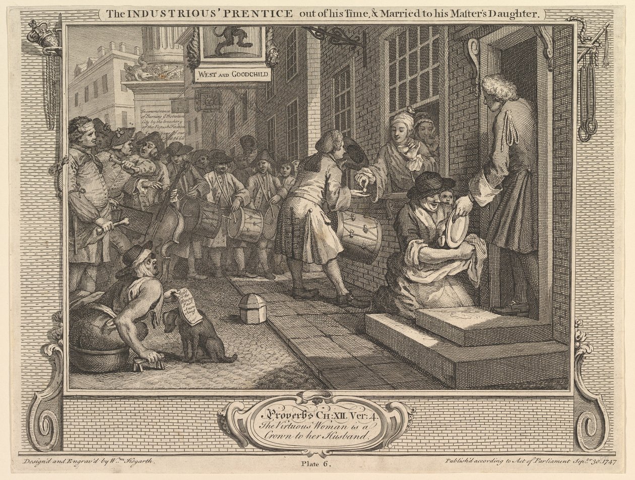 Ahkera Prentice aikansa lopussa ja naimisissa isäntänsä tyttärensä kanssa..., 30. syyskuuta 1747. tekijältä William Hogarth