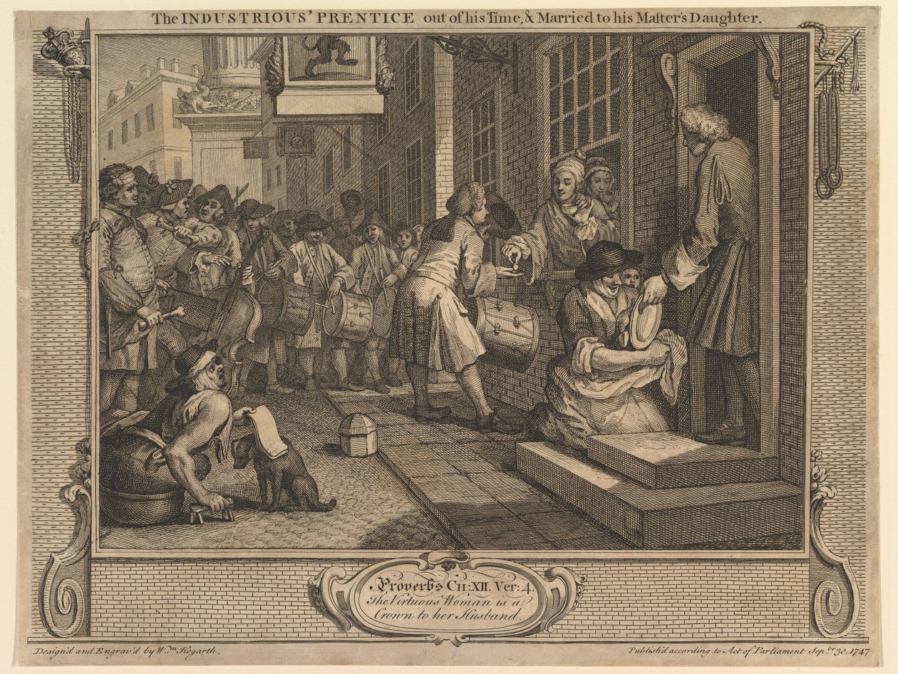 Ahkera oppipoika oppiaikansa päätyttyä ja naimisissa mestarinsa tyttären kanssa: Ahkeruus ja laiskuus, taulu 6 tekijältä William Hogarth
