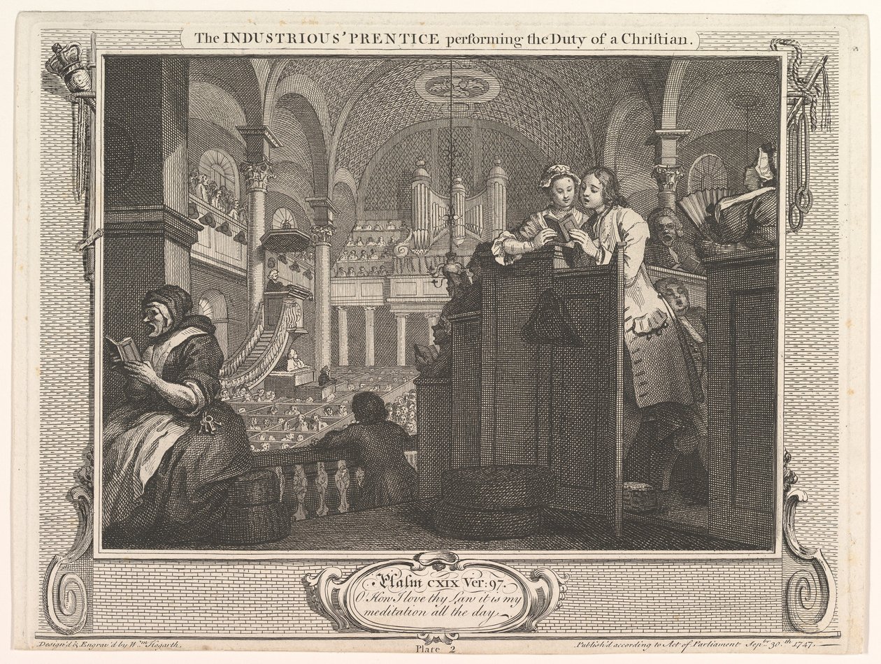 The Industrious Prentice, joka suorittaa kristillisen teollisuuden velvollisuutta ja minä..., 30. syyskuuta 1747. tekijältä William Hogarth