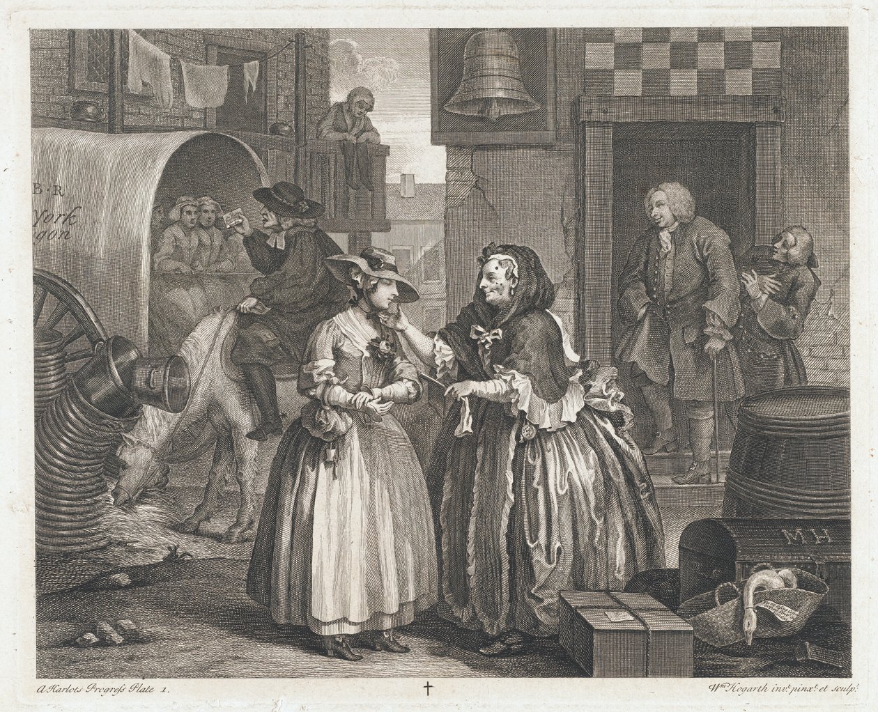 Viattomasta tytöstä tulee portto, suunniteltu 1732, painettu 1744 (Etsaus ja kaiverrus) tekijältä William Hogarth