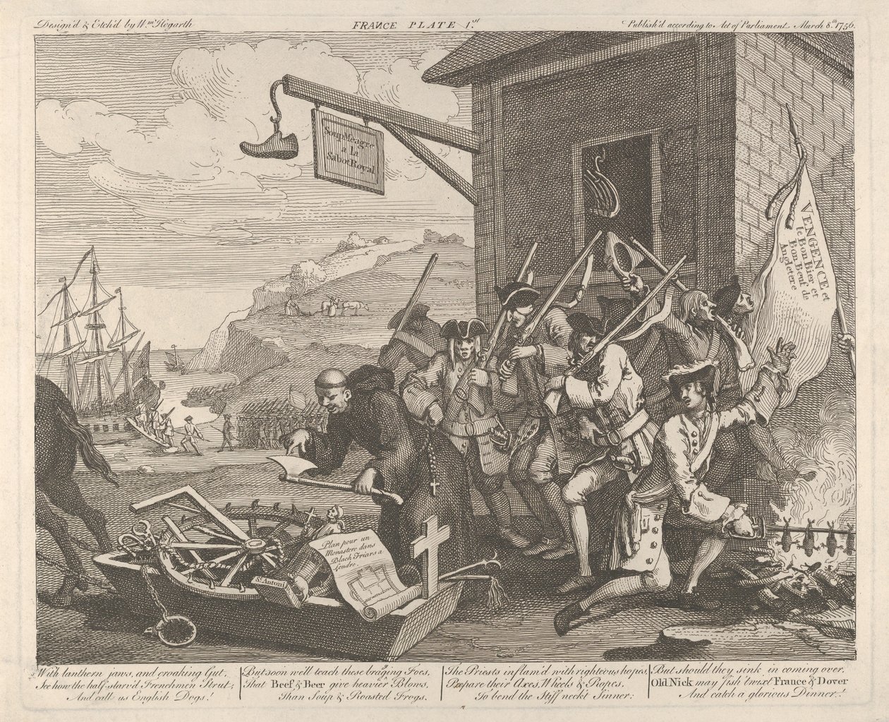 Maahantunkeutuminen, laatta 1: Ranska tekijältä William Hogarth