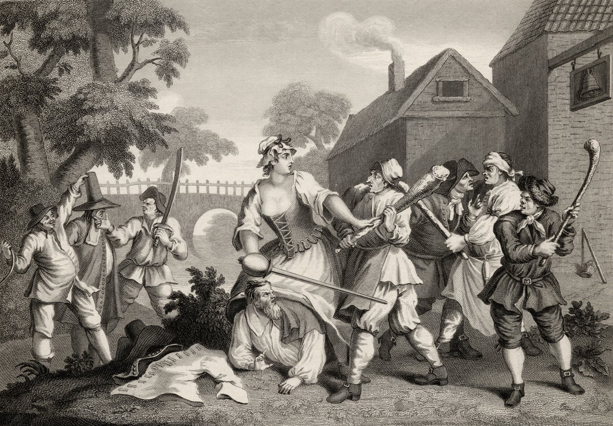 The Knight Submits to Trulla, Samuel Butlerin (1612-80) Hudibrasista, jonka kaiverrus F.F. Walker, teoksesta The Works of William Hogarth, julkaistu 1833 tekijältä William Hogarth