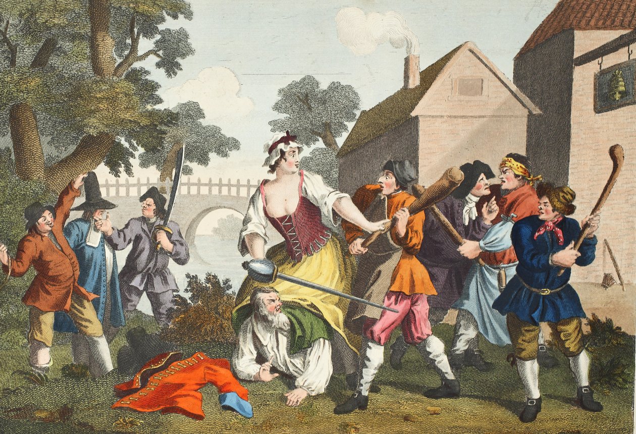 The Knight Submits to Trulla, Samuel Butlerin (1612-80) Hudibrasista, kuvitus teoksesta "Hogarth Restored: The Whole Works of kuuluisan William Hogarthin, uudelleenkaiverrettu Thomas Cook", pub. 1812 tekijältä William Hogarth