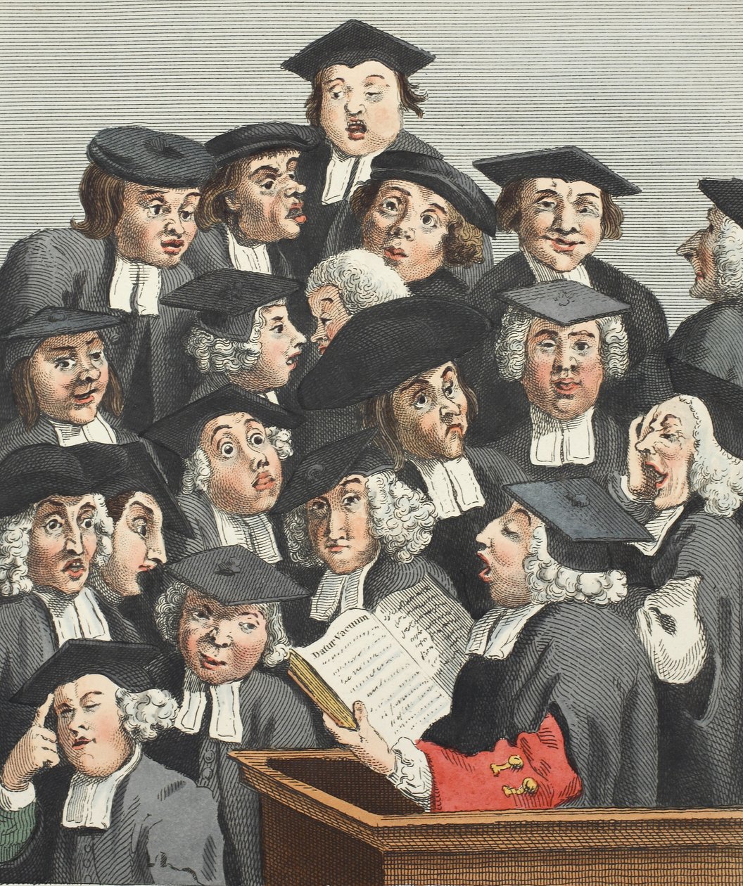 The Lecture, kuvitus teoksesta "Hogarth Restored: The Whole Works of kuuluisan William Hogarthin, uudelleenkaiverrettu Thomas Cook", pub. 1812 (käsinvärinen kaiverrus) tekijältä William Hogarth